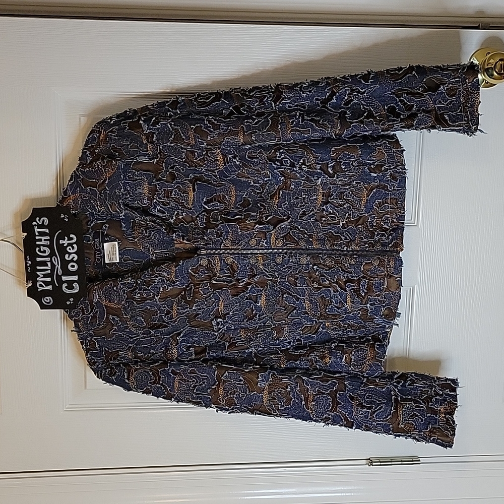 City Girl by Nancy Bolen Distressed Jacket Small Denim Brown Zip Up